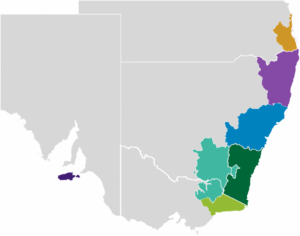 NSW coloured map with eligible areas for bushfire funding highlighted