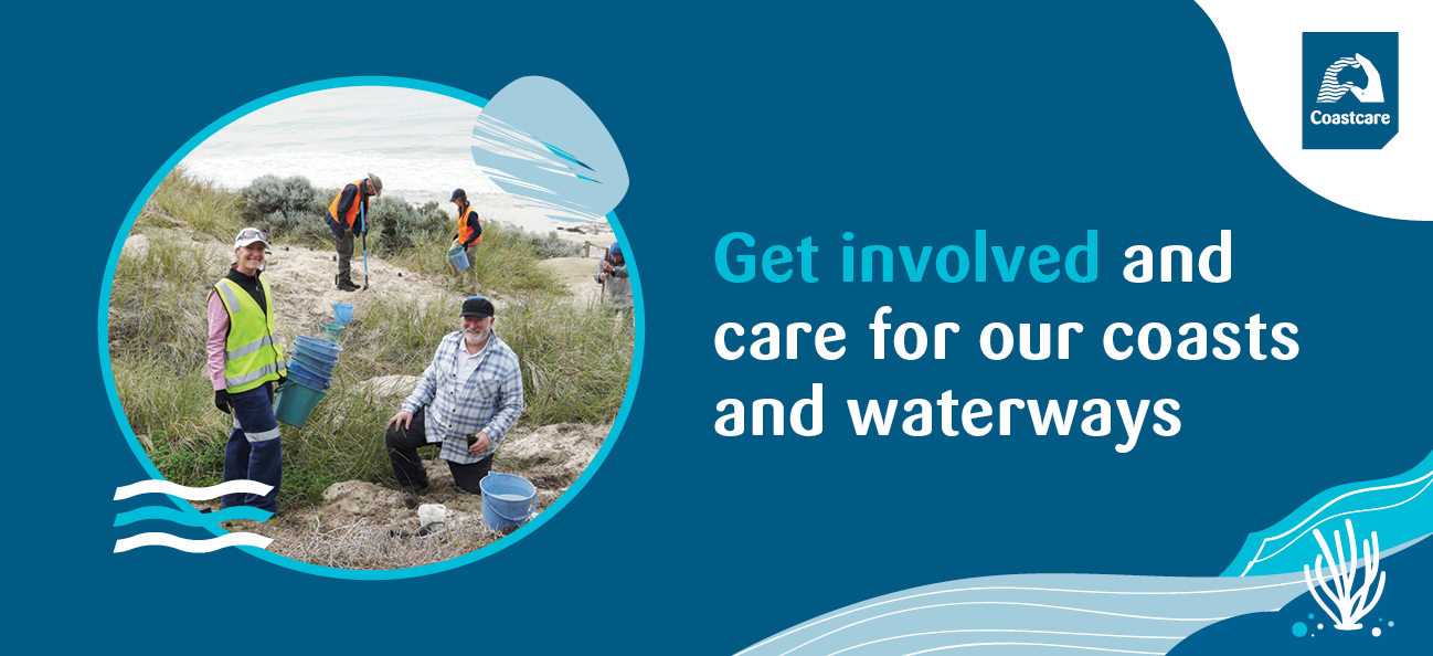 Branded banner with photo images of misc people doing coastcare work