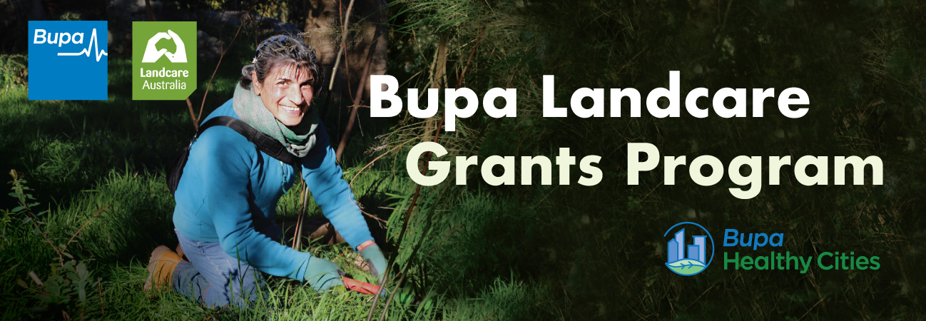 BUPA Landcare Project Funding text with image of a lady in blue planting a tree