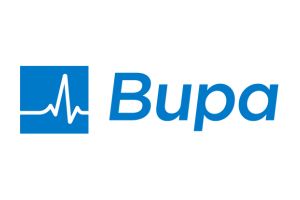 Bupa blue logo on white background with heart line