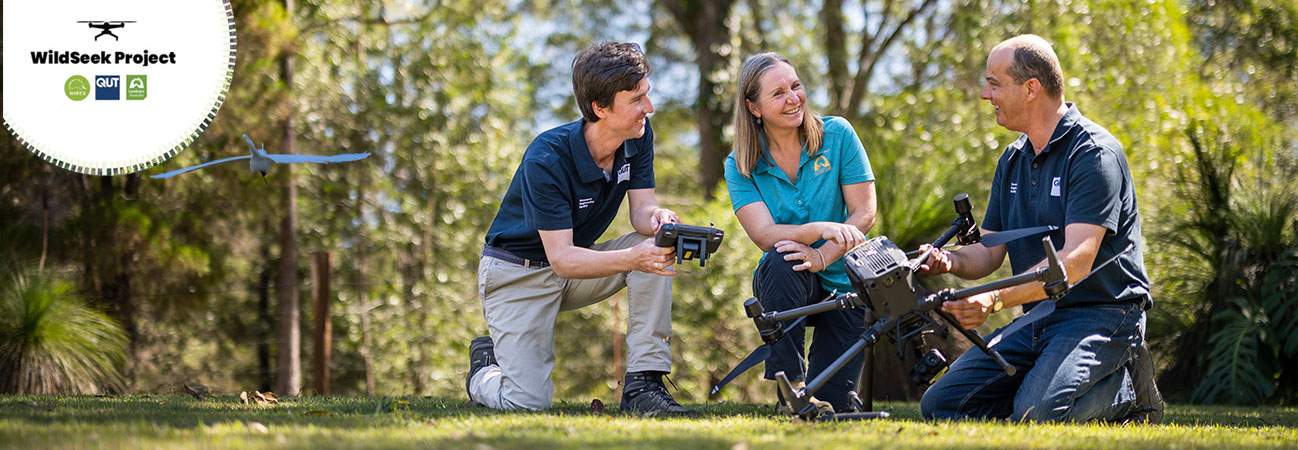 WildSeek Project with Landcare Australia - three QUT researchers working on the land with a drone to photograph Koalas from above.